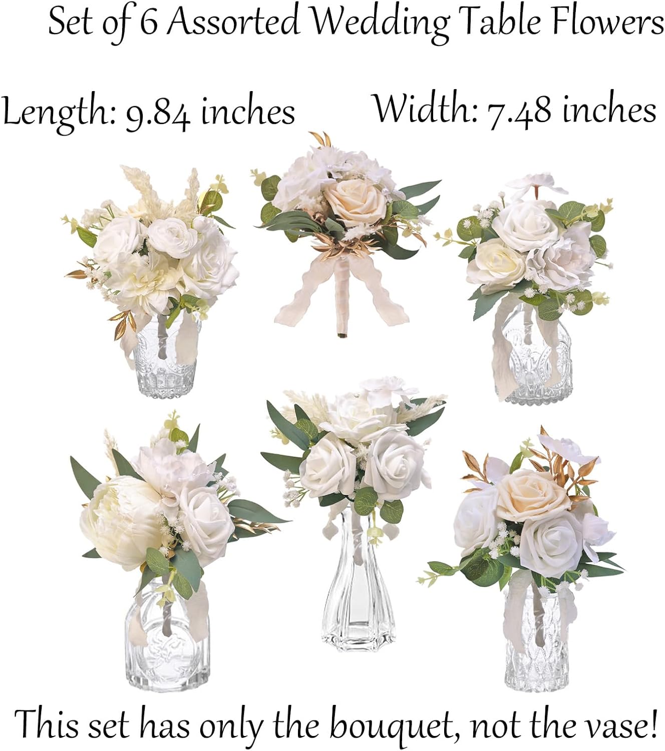 CherishedMoments Set of 6 Assorted Flower Centerpieces Mini Floral Wedding Flowers Set for Fall Wedding Table Centerpieces Decoration, White Bouquets and Home Decor