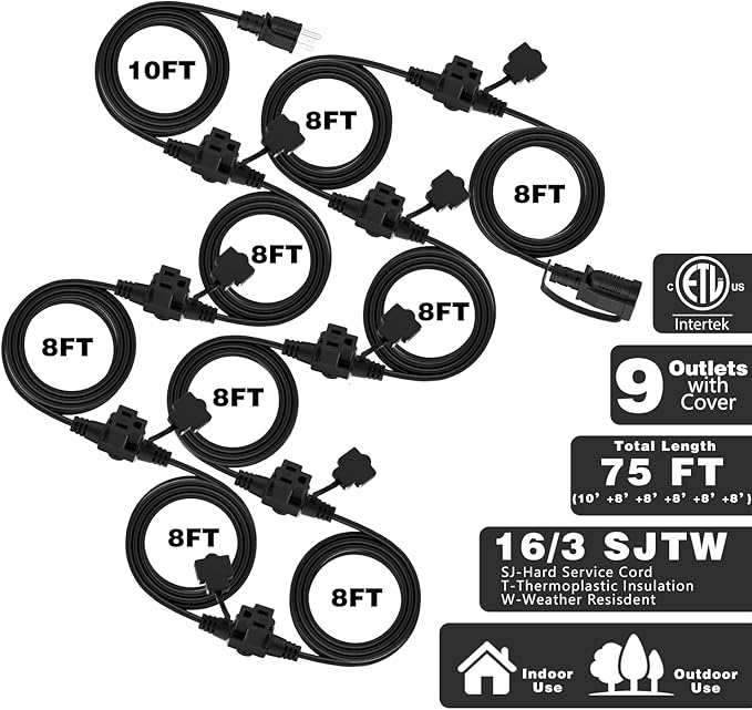 K KASONIC - Outdoor Extension Cord 75 FT, Evenly Spaced 6 Outlets Plugs, 16/3 SJTW Weatherproof Multiple Outlets Wire for Landscaping Light, Holiday Decoration and Christmas, ETL Listed, Black
