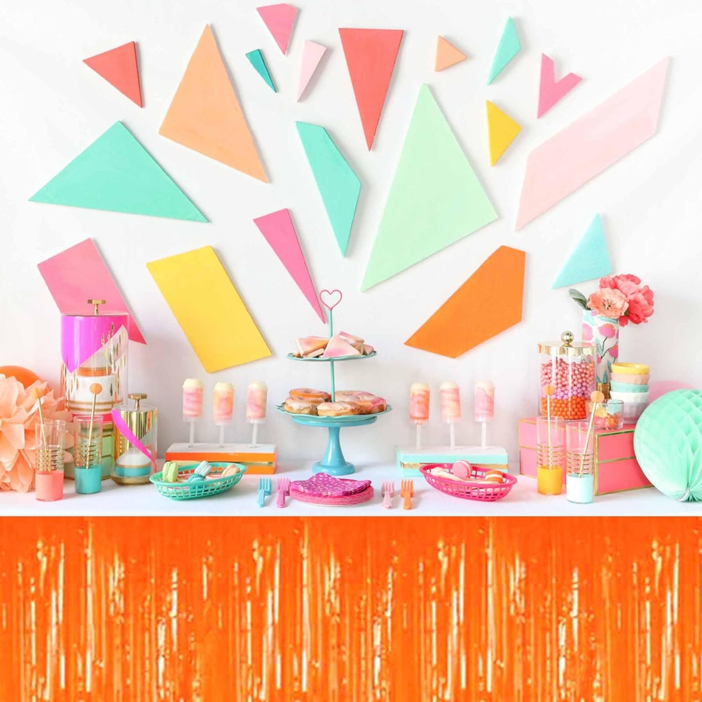 3 Pack 29 x108 Inch Macaron Orange Foil Fringe Table Skirts Metallic Banner for Tinsel Streamer Garland Backdrop for Parade Floats Mother's Day, Graduate, Birthday, Wedding Party Decoration