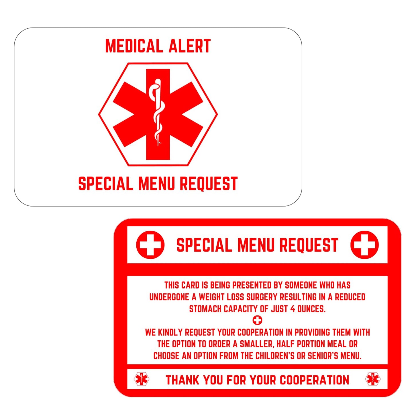 Bariatric Card for Restaurants, Special Menu Request Card, Portion Control Restaurant Request for Bariatric or Gastric Sleeve Patients, Wallet Sized, Set of 2 Cards (2, White, 3.375in x 2.125in)