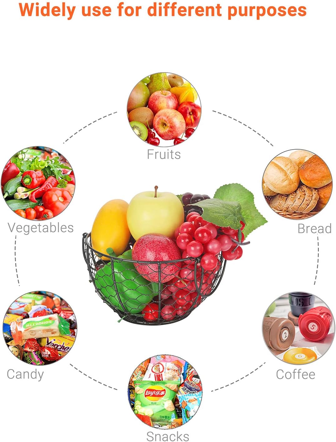 Round Wire Basket Black Fruit Basket Bowl Fruit Holder for Kitchen with Handle Black Home Storage for Vegetables, Snacks, Household Items Decor