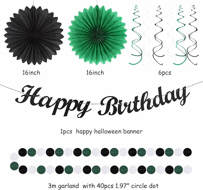 Black Green White Birthday Party-Decorations - 21pcs Boys Men Happy Birthday Banner,Paper Streamers Lanterns Honeycomb,Flower Tissue Pom Poms Fan Supplies Decor Huglony