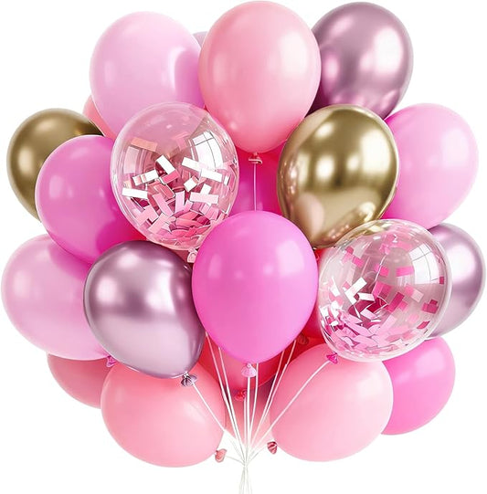 PartyWoo Pink and Gold Balloons 65pcs 12 Inch Metallic Gold Pearl Matte Hot Light Pastel Pink Confetti Balloons for Gender Reveal Baby Shower Bridal Shower Princess Birthday Party Decorations