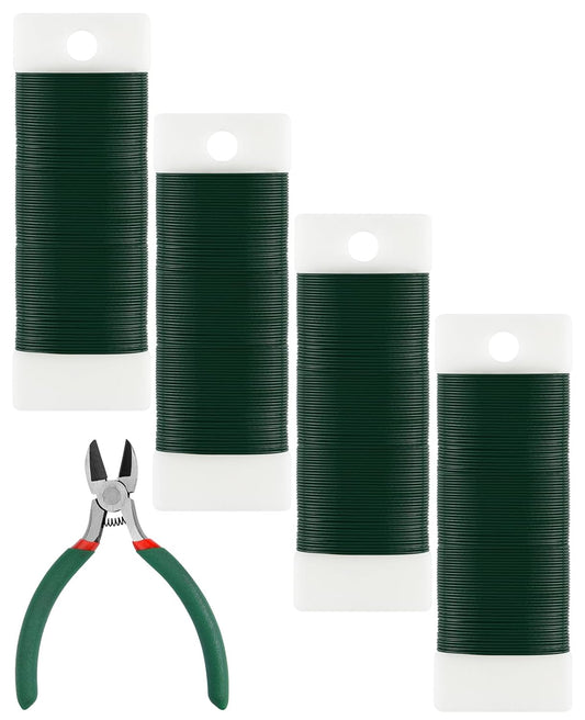 PLULON 4 Pack 122 Yards 22 Gauge Green Floral Wire with Wire Cutter, Ideal for Wreaths, Flower Arrangements, Gift Wrapping & DIY Crafts