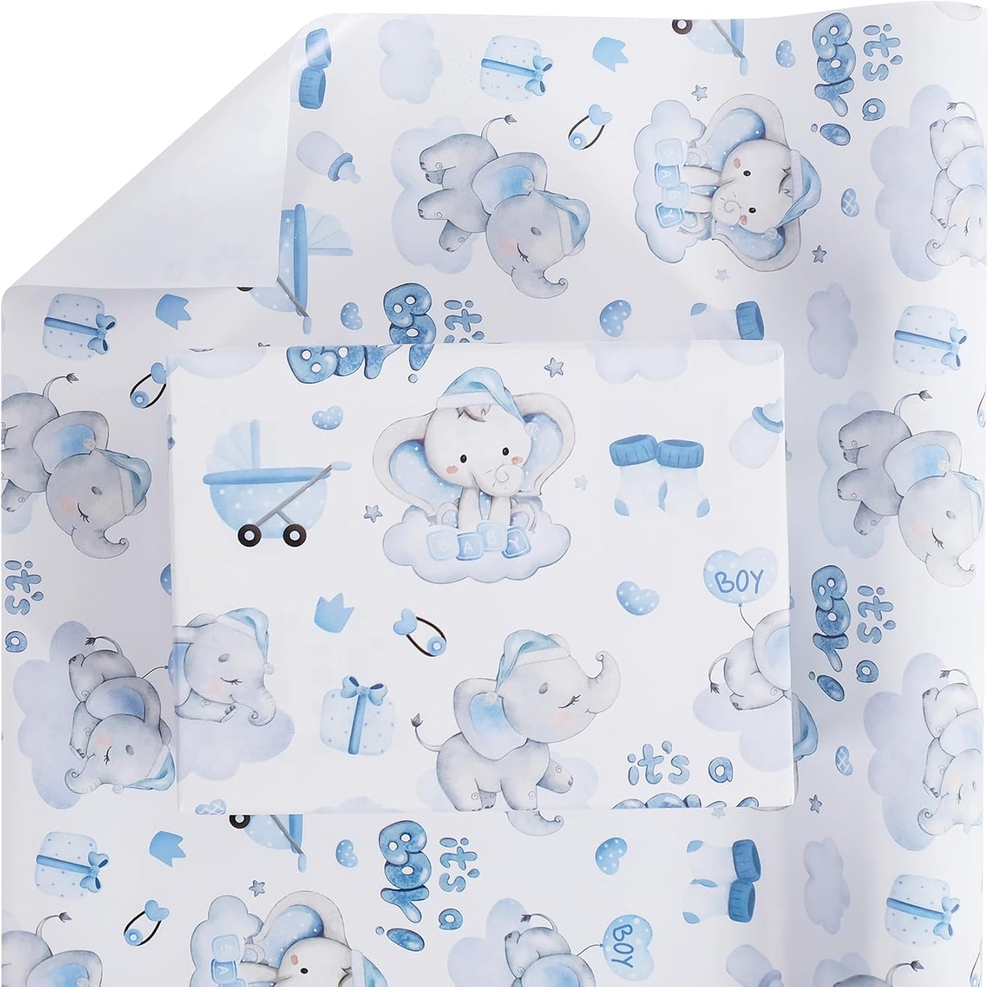 Aimyoo Blue Baby Shower Wrapping Paper Roll - 17 Inch X 32.8 Feet - Cute Elephant with It‘s A Boy Letter Design Perfect for Boys, Birthday, Party