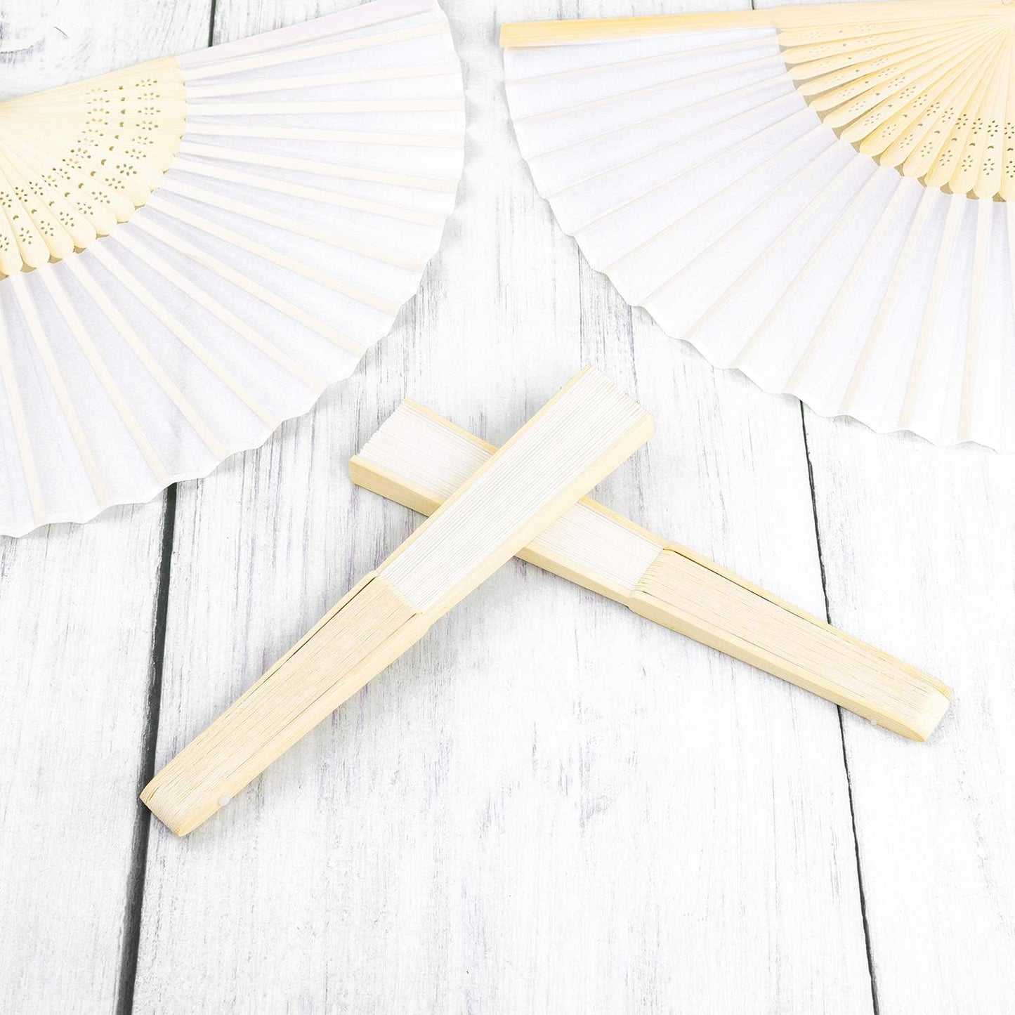 URATOT 24 Pieces White Folding Fans Silk Bamboo Folding Fans Handheld Fan for Wedding, Party Decoration