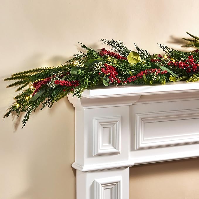 LampLust Lighted Garland with Lights Battery Operated, 6 Ft Red Berry & Eucalyptus,100 LED with Timer, Greenery Garland for Mantle All Year Round