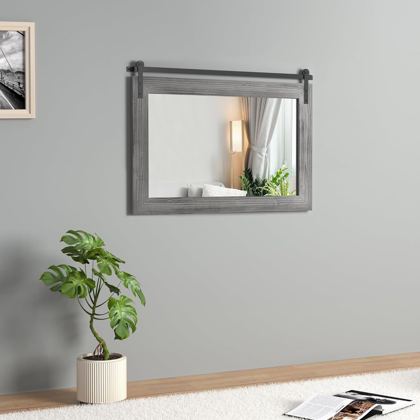 COGOOD Farmhouse Barn Door Mirror - 29" x 22" Rustic Wood Framed Wall Mirror for Bathroom, Living Room, Entryway Wall Decor (Grey)