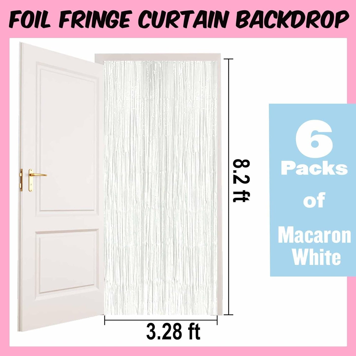 6 Pack Macaron White Foil Fringe Curtains Backdrop, 3.28 x 8.2 Ft Metallic Streamers Tinsel Curtains Background for Photo Booth, Birthday, Weddings, Carnivals, Graduation, Themed Party Decorations