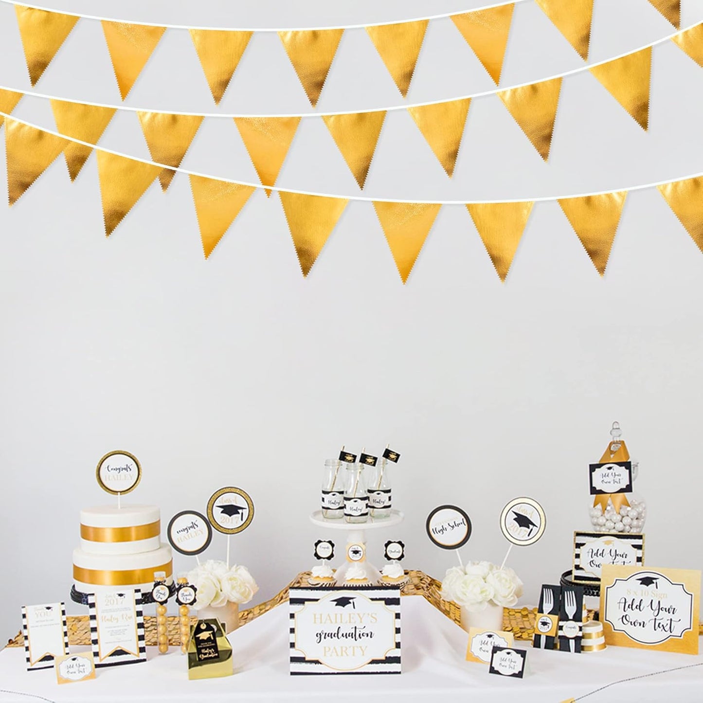 Gold Party Decorations Metallic Fabric Triangle Pennant Banner Gold Flag Bunting Garland for Graduation Birthday Wedding Anniversary Bridal Shower Bachelorette Engagement Hen Party Decoration Supplies