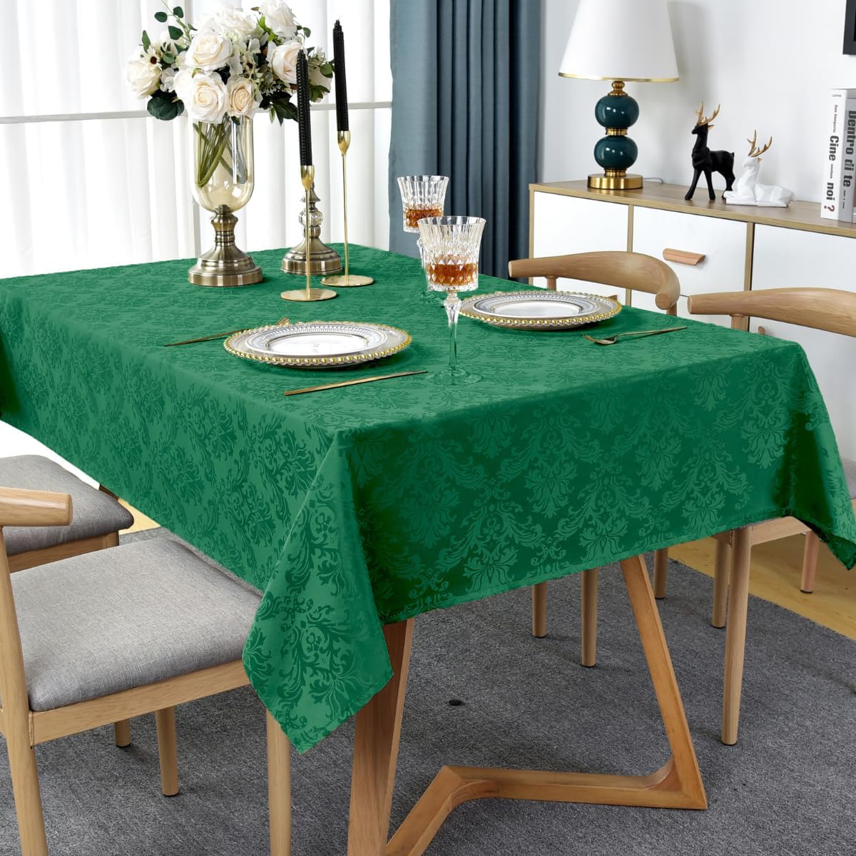 SASTYBALE Rectangle Jacquard Tablecloth, Damask Table Cloth SpillProof Wrinkle Resistant Tablecloths, Soft Polyester Oblong Table Cover for Kitchen, Dinner, Parties (Dark Green, 60X102)