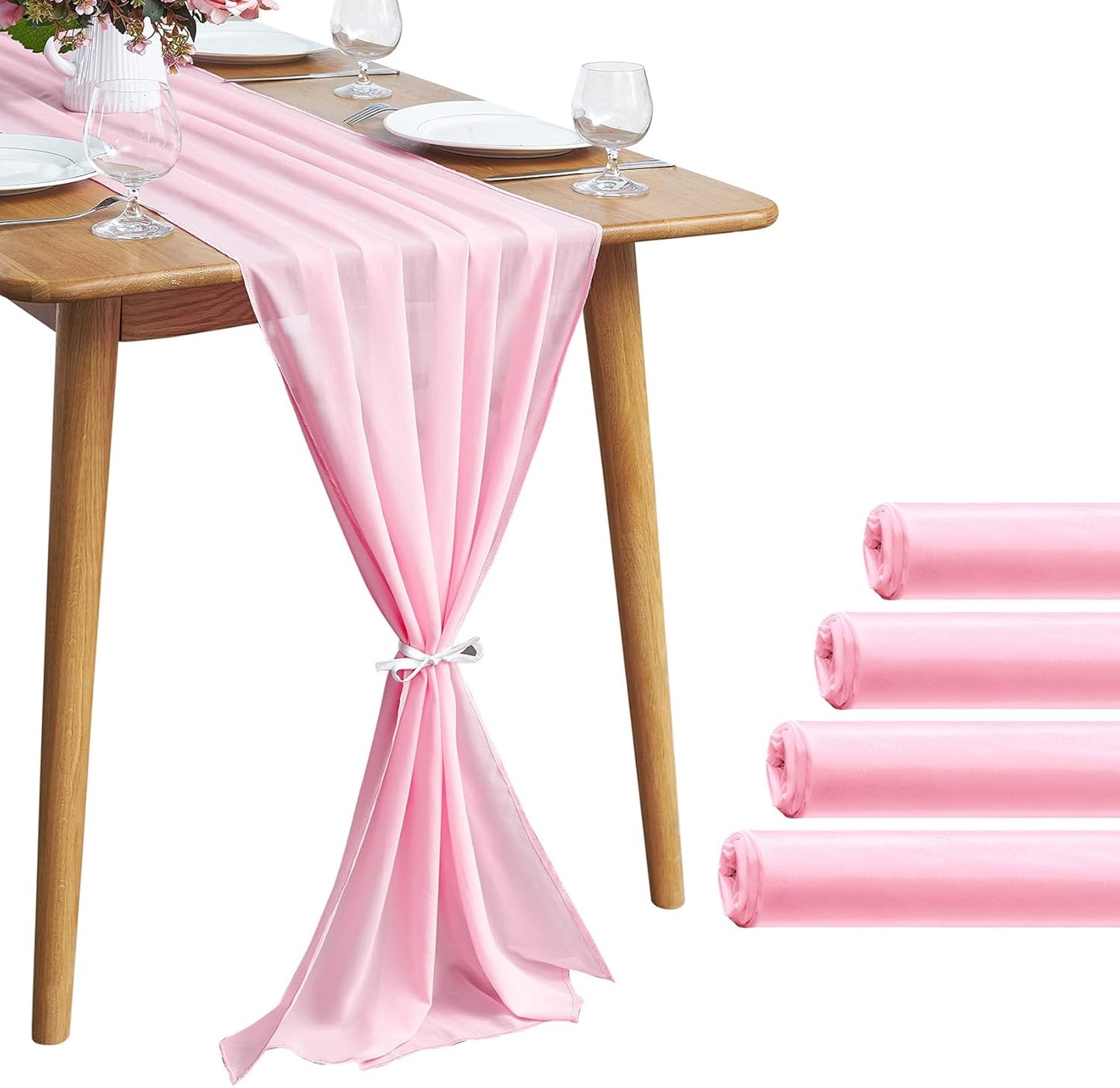 5 Pack 10Ft Pink Chiffon Table Runner Sheer 29x120 Inch for Romantic Wedding Decor Bridal & Baby Shower Birthday Rustic Party Decoration