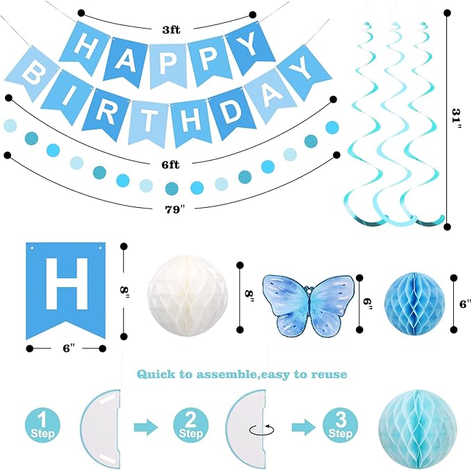 meowtastic Birthday Decorations, Happy Birthday Banner with Honeycomb Balls, Butterfly Hanging Swirl Streamers, Circle Dots Garland, Happy Birthday Party Decorations for Women Men Boys Girls (Blue)