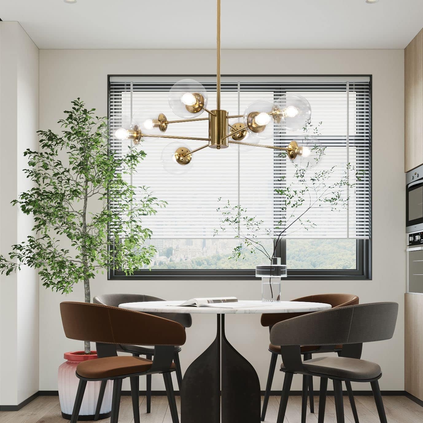 KCO Lighting Modern Sputnik Chandelier 8-Light Clear Glass Globe Ceiling Pendant Light Mid Century Brass Flush Mounted Fixture Kitchen Island (Gold+Clear)