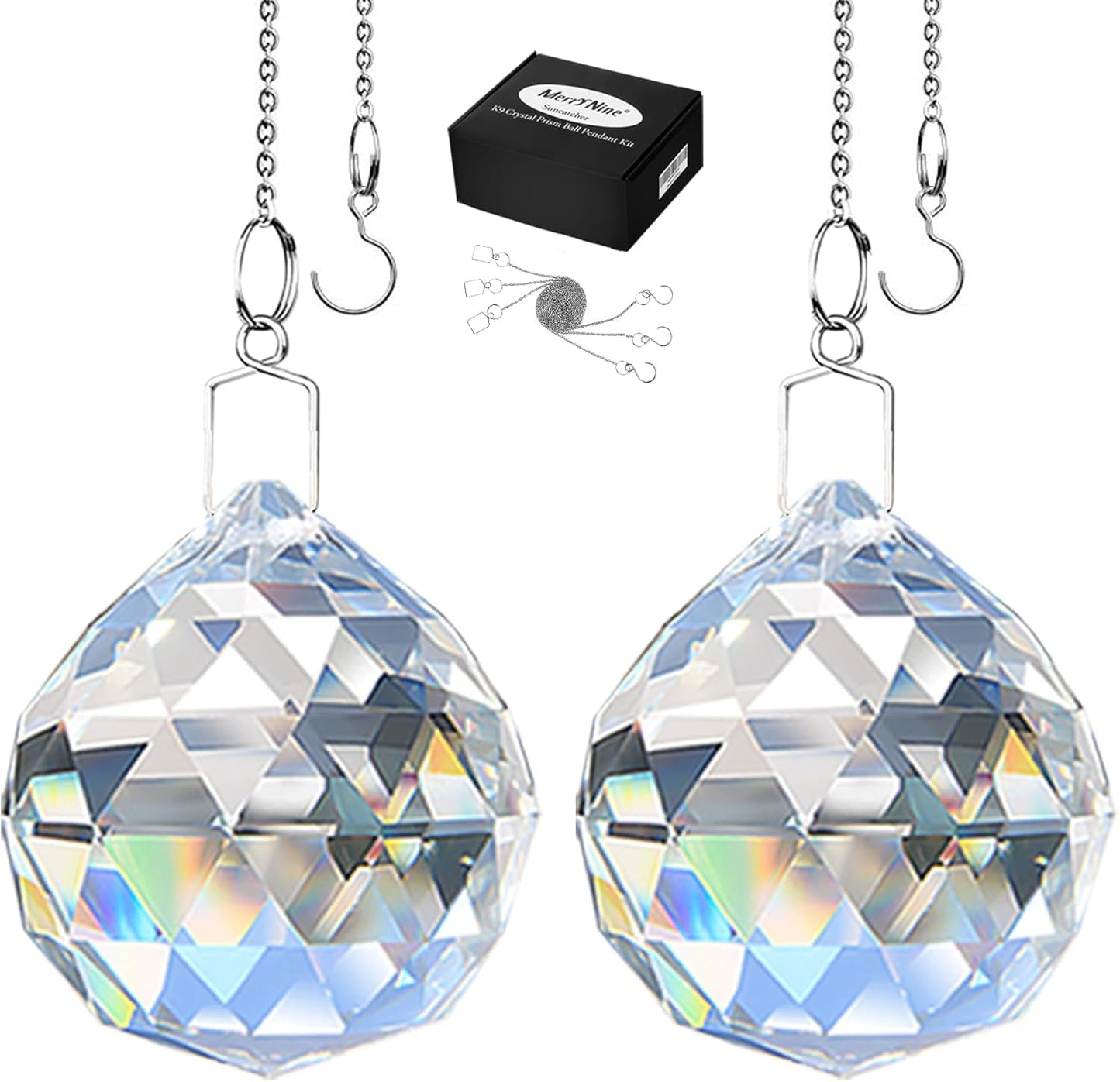 MerryNine 2 Pack Crystal Ball Prism Sun Shine Catcher Rainbow Pendants Maker, Hanging Crystals Prisms for Windows, for Feng Shui, for Gift (Clear) (50mm/2.0")