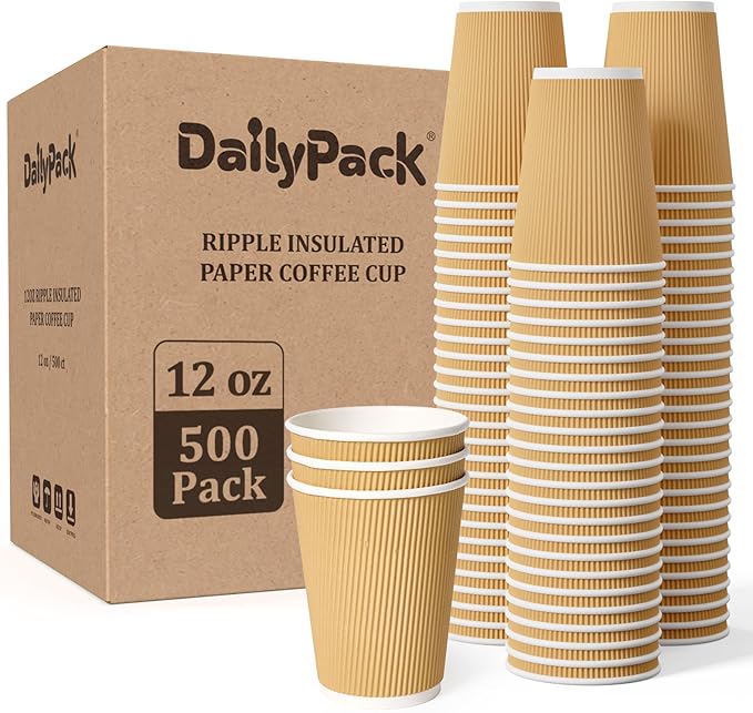 500 Pack 12 oz Coffee Cups, Insulated Ripple Wall Hot Coffee Cups for Home, Office, Hotel, Meetings, Parties