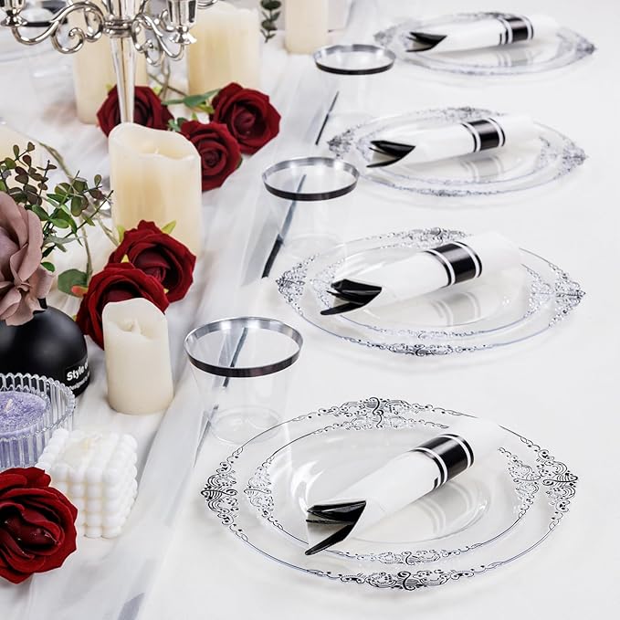 Hioasis 350pcs Clear and Black Plates - Black Party Plates for 50 Guest, Include 100 Heavy-duty Plates(20% Thicker Than Standard), 50 Pre Rolled Gold Plastic Silverware Set, 50 Cups