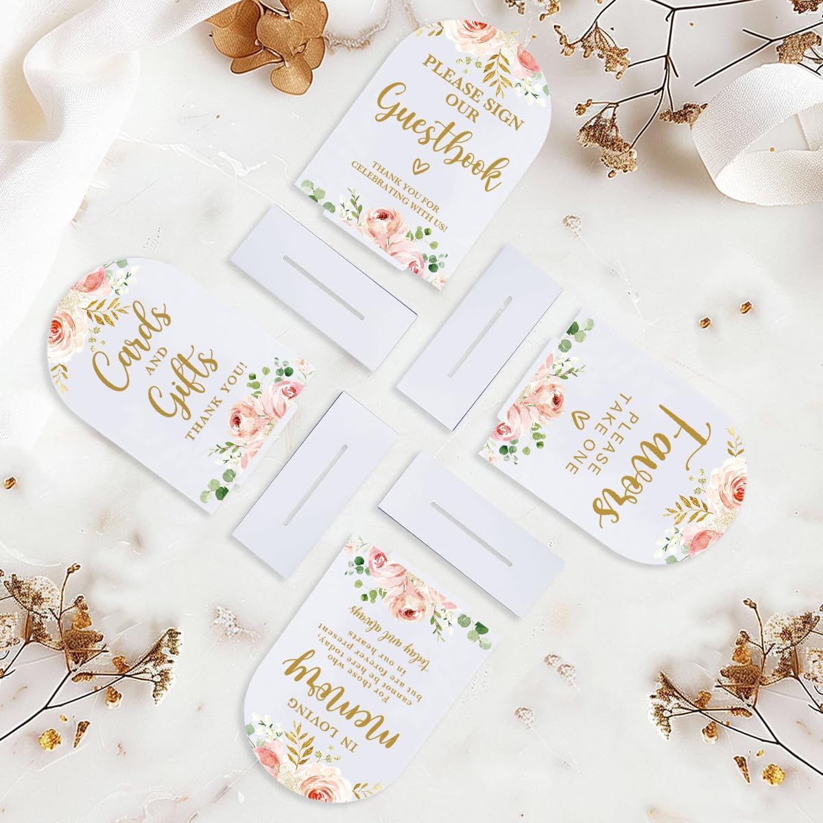 4 Pcs Acrylic Wedding Signs for Reception, Bridal Shower Decorations, Cards and Gifts Signs, Guest Book Sign, Arch Acrylic Table Top Sign with Holder for Wedding Reception (White Pink Flowers)