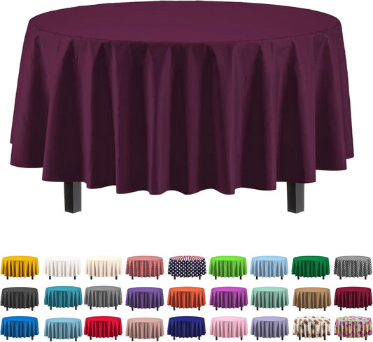 Party Solids Pack Of 12 Premium Plastic Tablecloth 84 Inch Round Table Cover - Plum