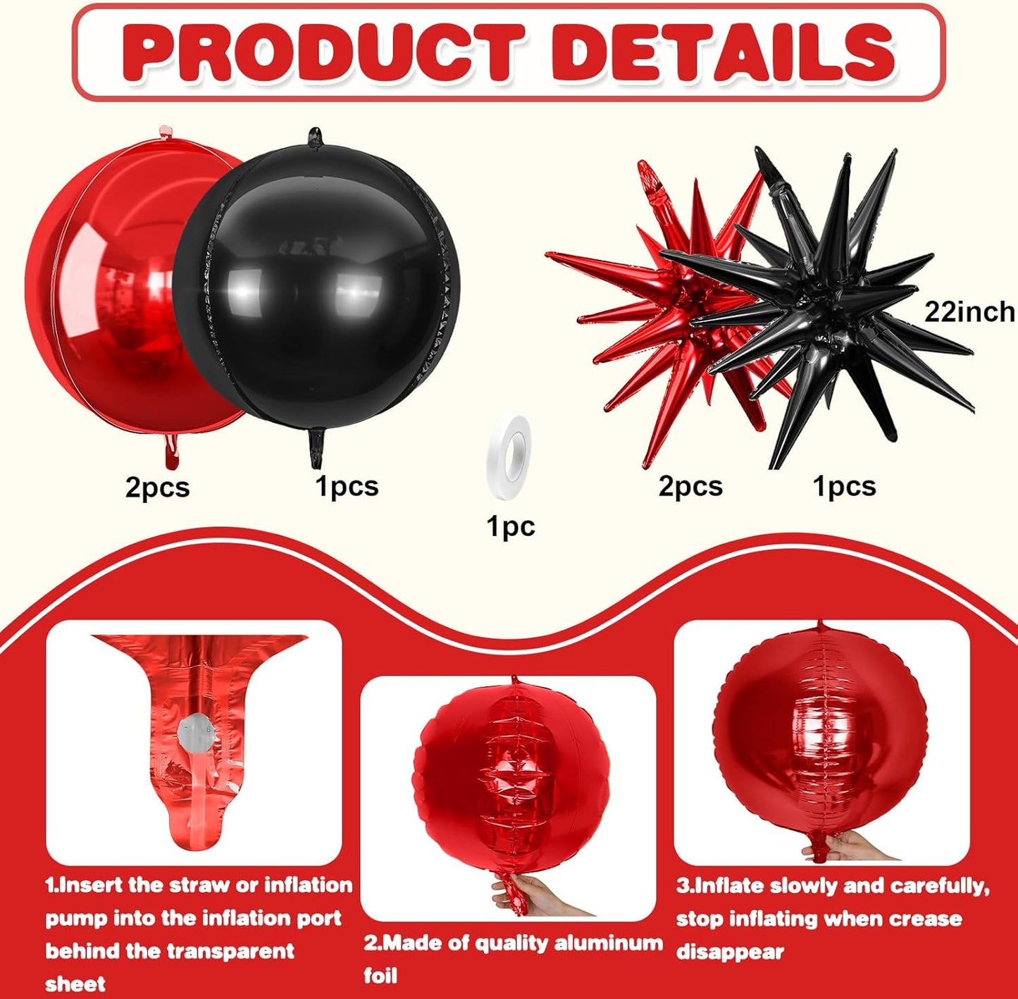 6Pcs Black Red Foil Balloons,22Inch Black Red 4D Round Ball Balloon and Explosion Star Balloon for Birthday Wedding Baby Shower Anniversary Party Decorations