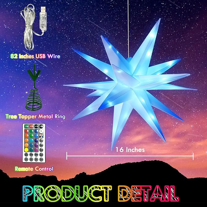 Christmas Tree Topper Star, Smart LED Lighted Christmas Treetop Decorations with Remote, Bluetooth App Control-Music Sync Color Changing, Hanging Star Decor for Indoor/Outdoor-16 Inches