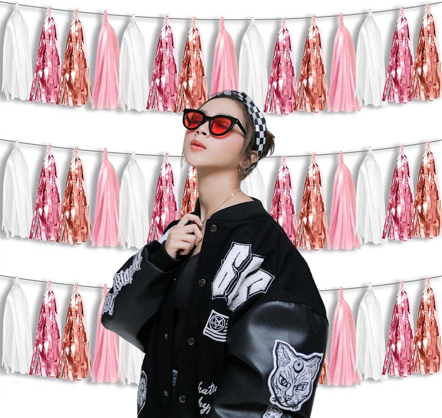 3P Metallic Fringe Tassel Banner Garland Foil Tinsel Streamer Wall Hanging Curtain Backdrop for Parade Floats, Graduation, Wedding, Birthday, Retirement Party Decorations(Rose-Gold Pink White)