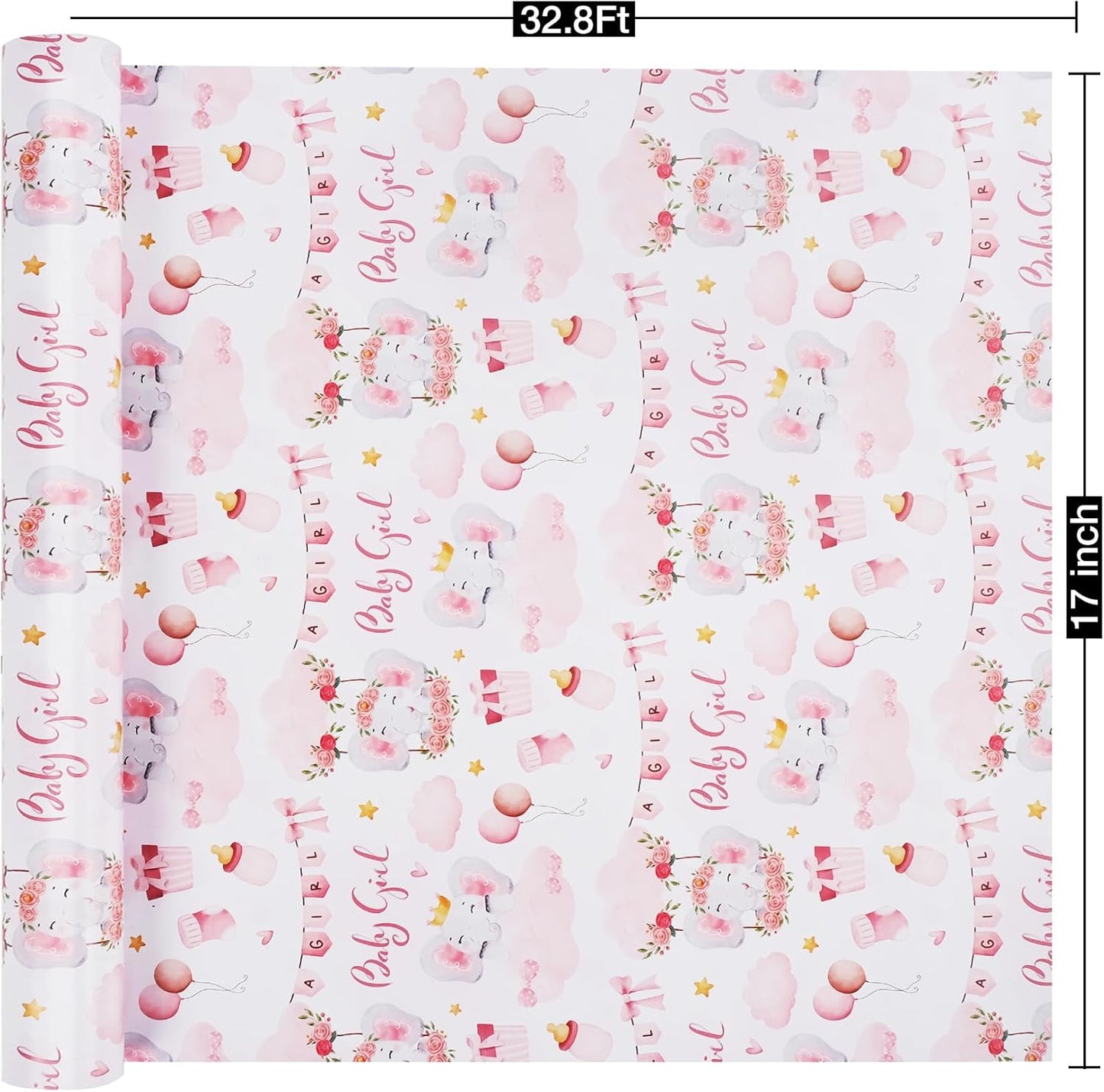 Aimyoo Pink Baby Shower Wrapping Paper Roll - 17 Inch X 32.8 Feet - Cute Elephant with Baby Girl Letter Design Perfect for Girls, Birthday, Party