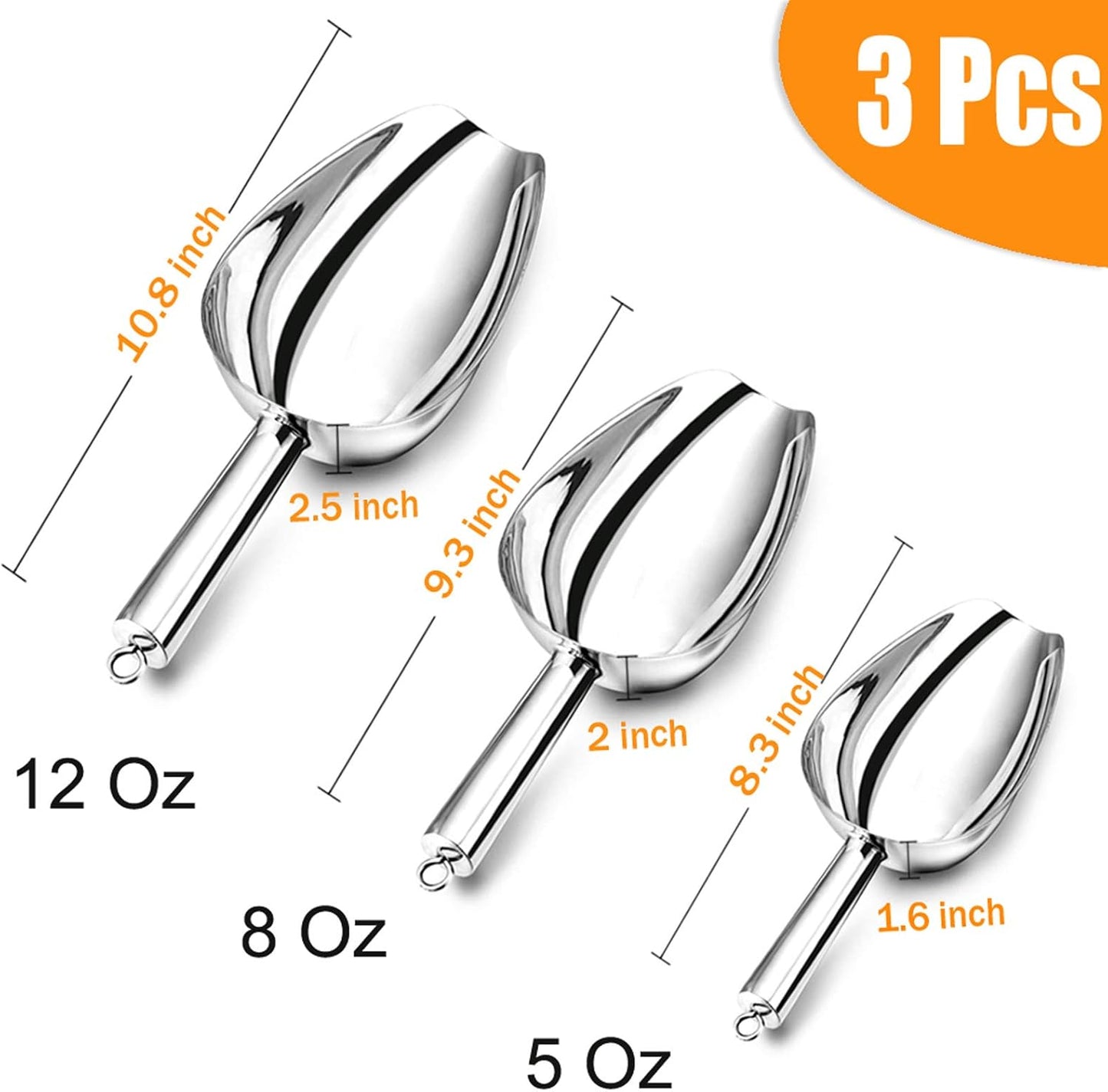 P&P CHEF Canister Scoop Set of 3, Ice Candy Scoop, Stainless Steel Multipurpose Food Scooper for Buffet Jar Freezer, Mirror Finish & Dishwasher Safe, Silver, 5+8+12 Oz
