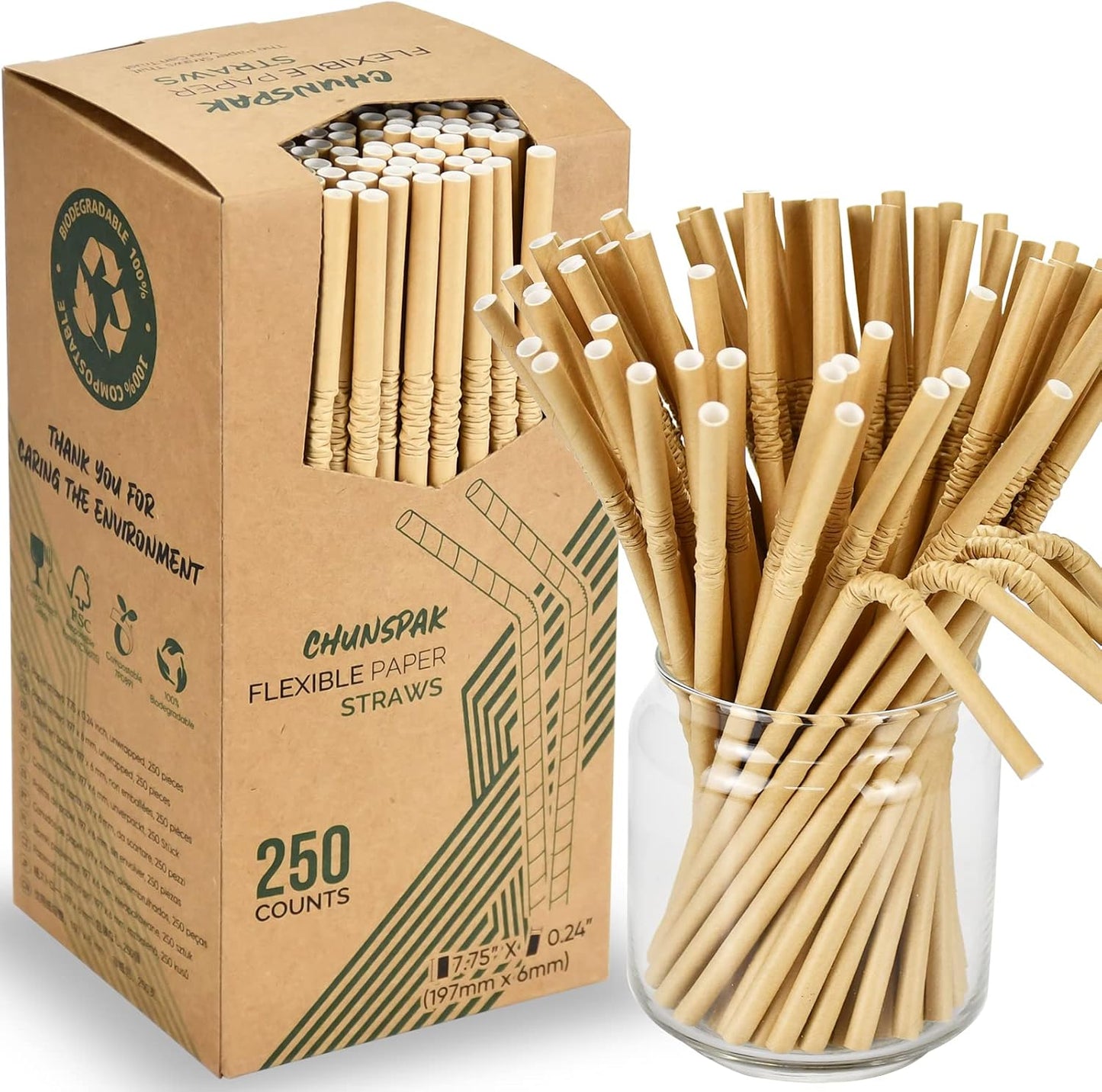 Brown Kraft Bendy Paper Straws, 7.75" x 0.24", 250 Ct. - Eco Friendly Disposable Drinking Straws