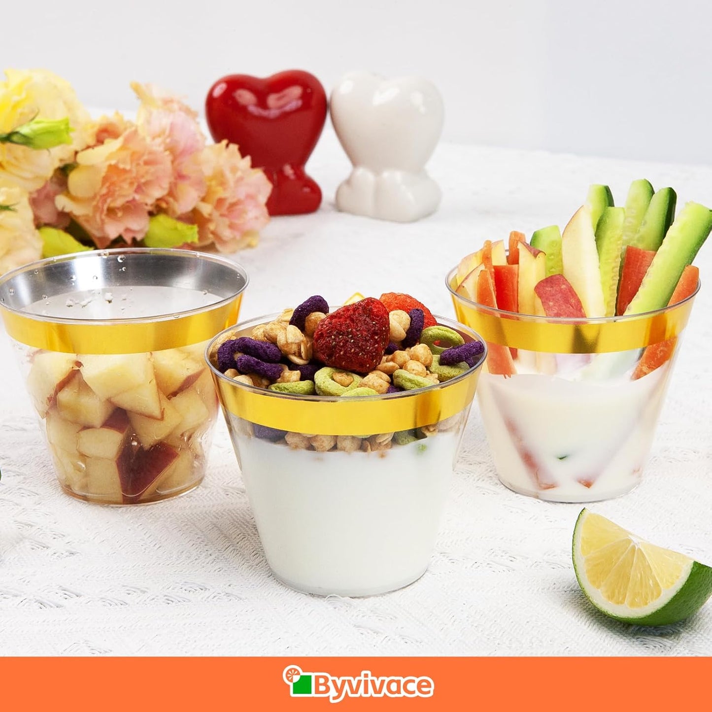 50counts 9 OZ. Disposable Cups Old fashioned Party Tumblers, 9 Ounce Squat Cups Gold Wine Glasses Hard Plastic Cups with Gold Rim