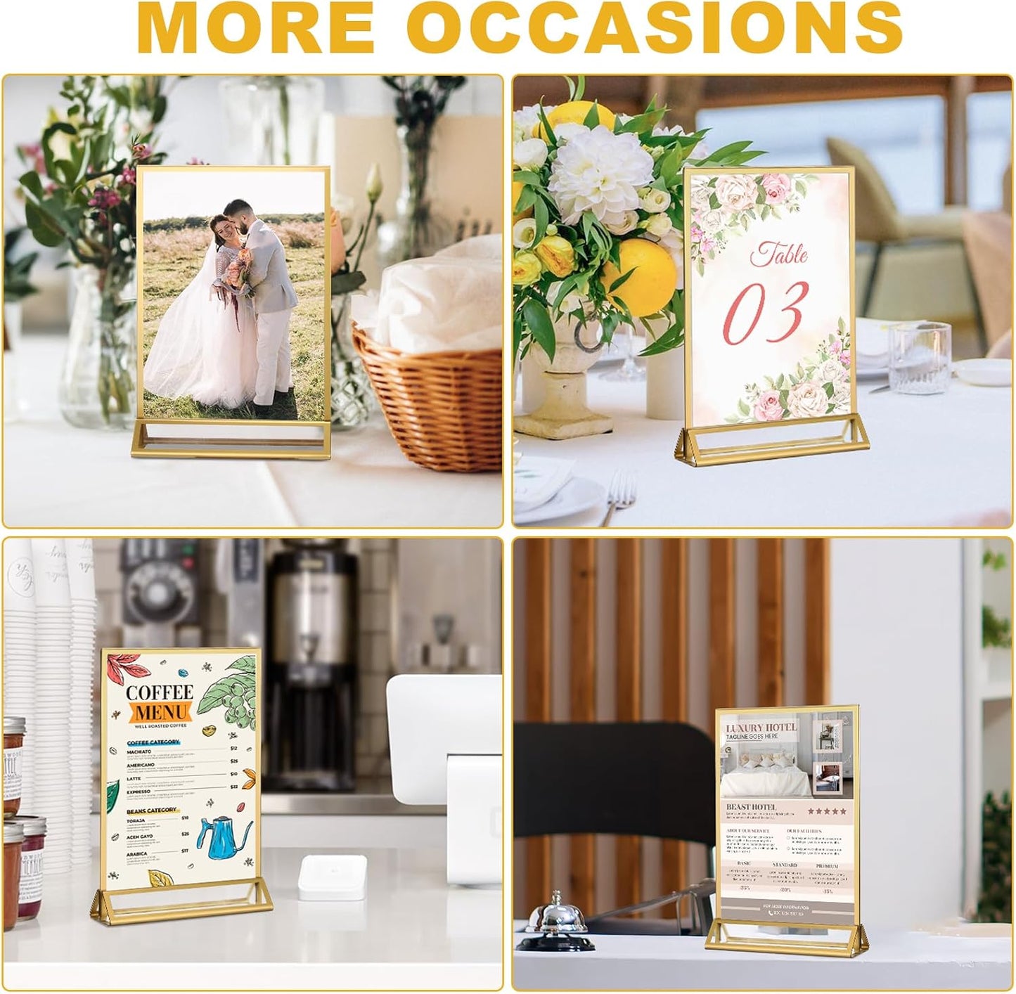 EHWINE 8 Pack Acrylic Sign Holder 8.5 x 11, Double Sided Gold Picture Frame Stand up Table Top Sign Holders, Clear Display Stand Menu Flyer Holder for Wedding Party (Provide Non-slip Mats)