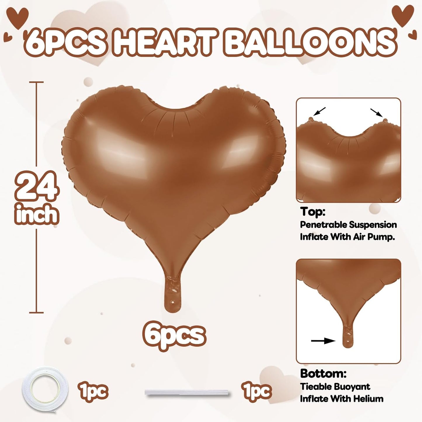 24 Inch Brown Heart Balloons, Coffee Heart Shaped Foil Balloons, Tan Helium Balloon for Valentines Day Bridal Shower Anniversary Bachelorette Wedding Birthday Party Decorations