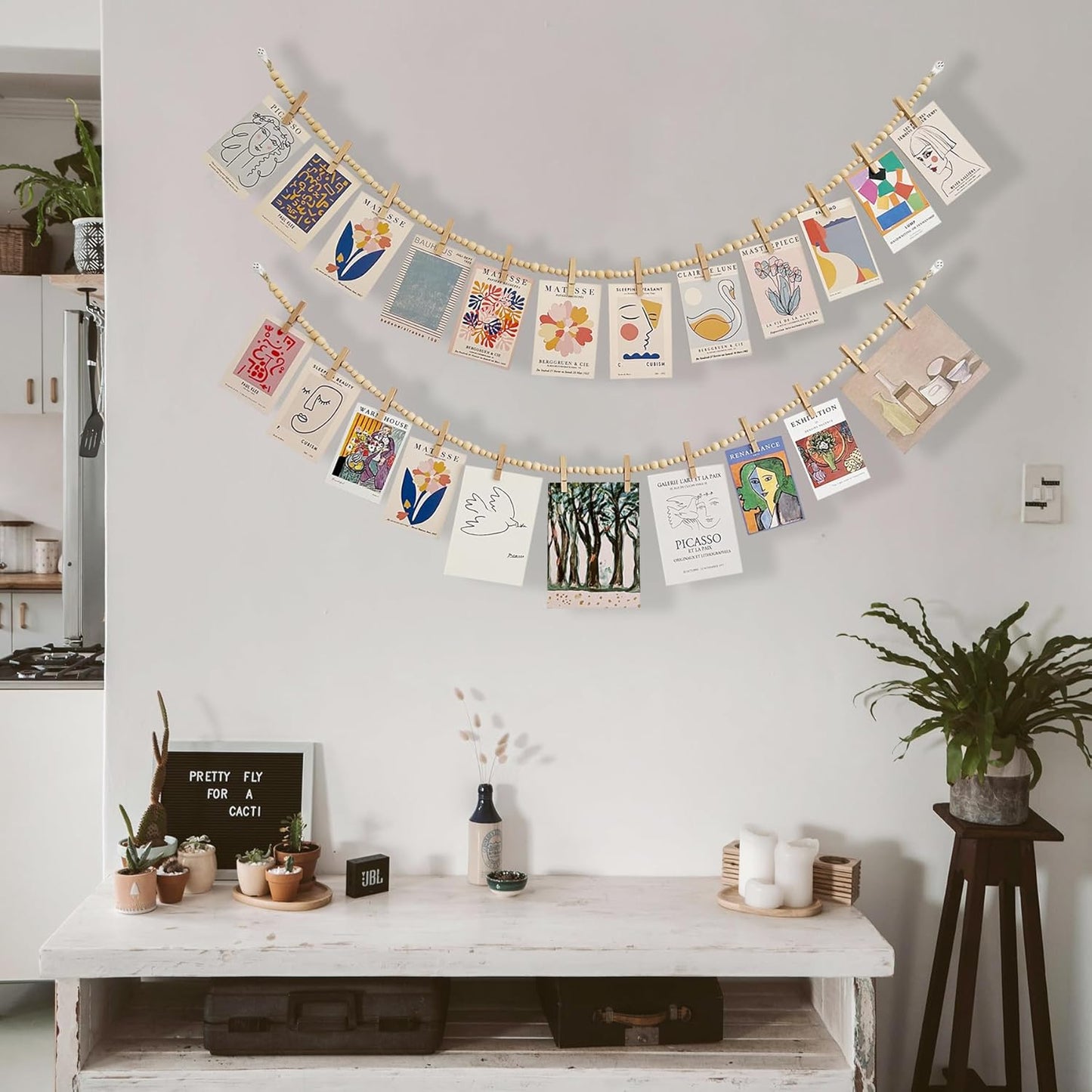 2PCS Hanging Photo Display with Clips, Photo String with 12 Clips, Boho Wooden Bead Garland Collage Picture for Classroom, Bedroom, Office Wall Decor