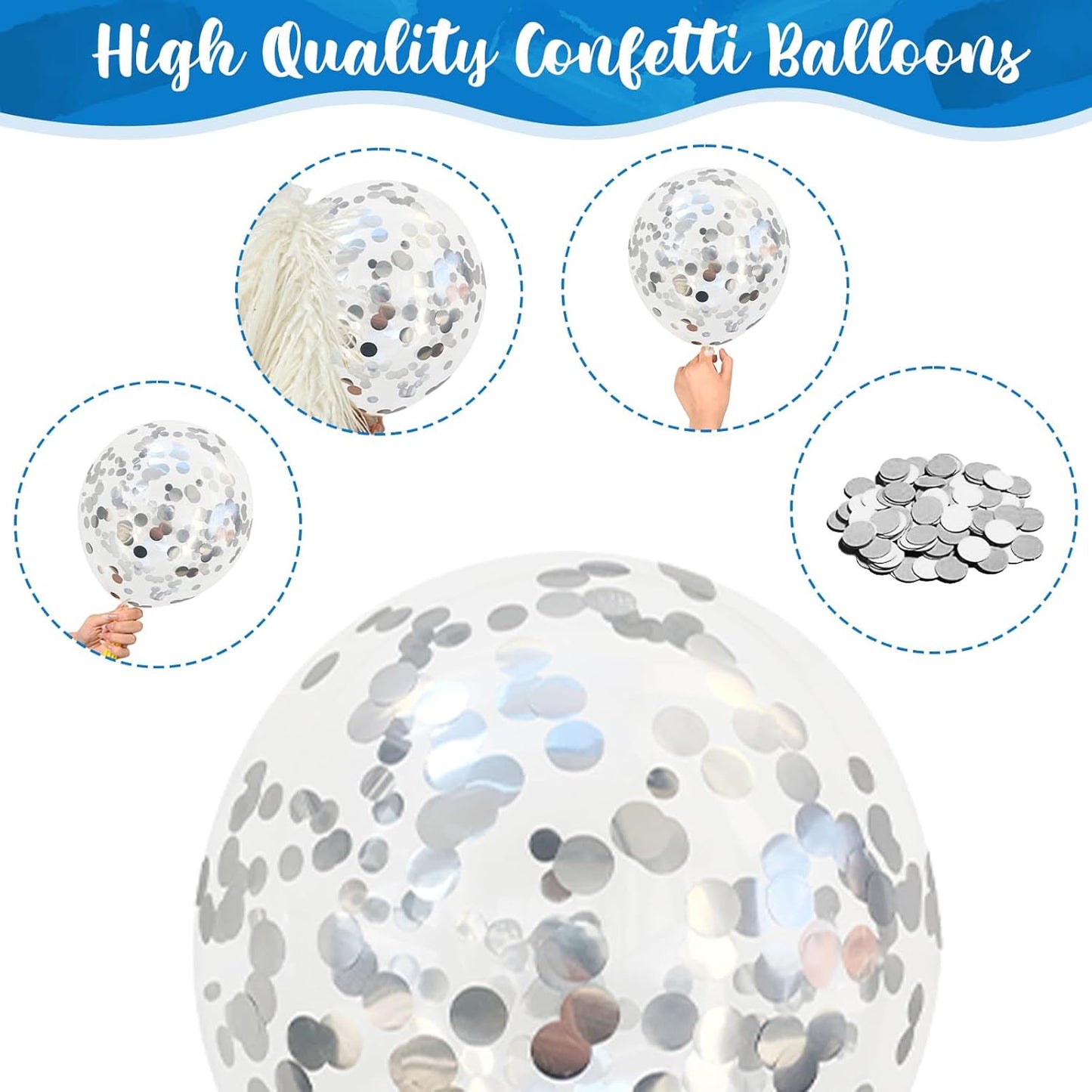 Blue and Silver Balloons, 12 Inch Metallic Blue Silver White Balloons Set, Pearl Light Blue Aqua Baby Blue Silver Confetti Latex Balloons for Boys Birthday Baby Shower Christening Party Decorations