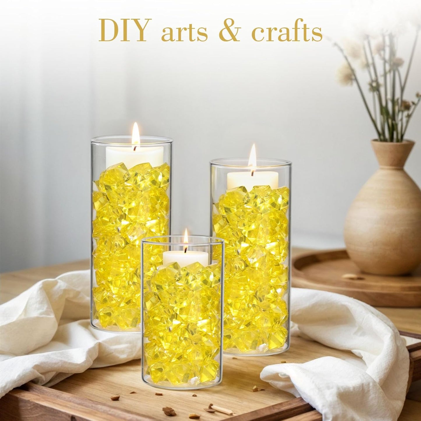 DomeStar Yellow Fake Ice Rocks, 150PCS Acrylic Gems Crystals Plastic Diamonds Fake Ice Cubes for Vase Fillers DIY Craft Wedding Photography Prop Display Table Scatter Home Amalfi Coast Decorations