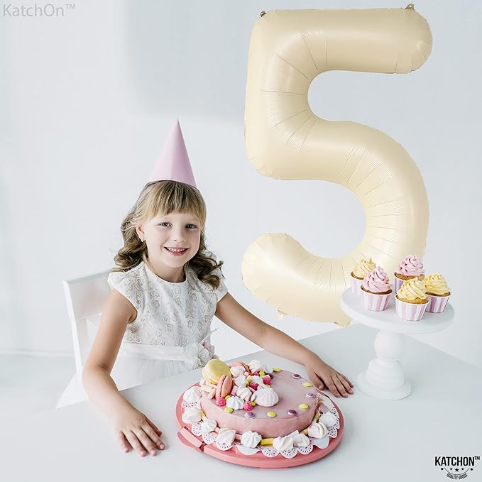 KatchOn, Gaint Cream White 5 Balloon Number - 40 Inch | 5 Birthday Balloon Decor | 5th Birthday Decorations for Boys | Creme Number 5 Balloon | 5 Year Old Balloon for 5th Anniversary Party Supplies