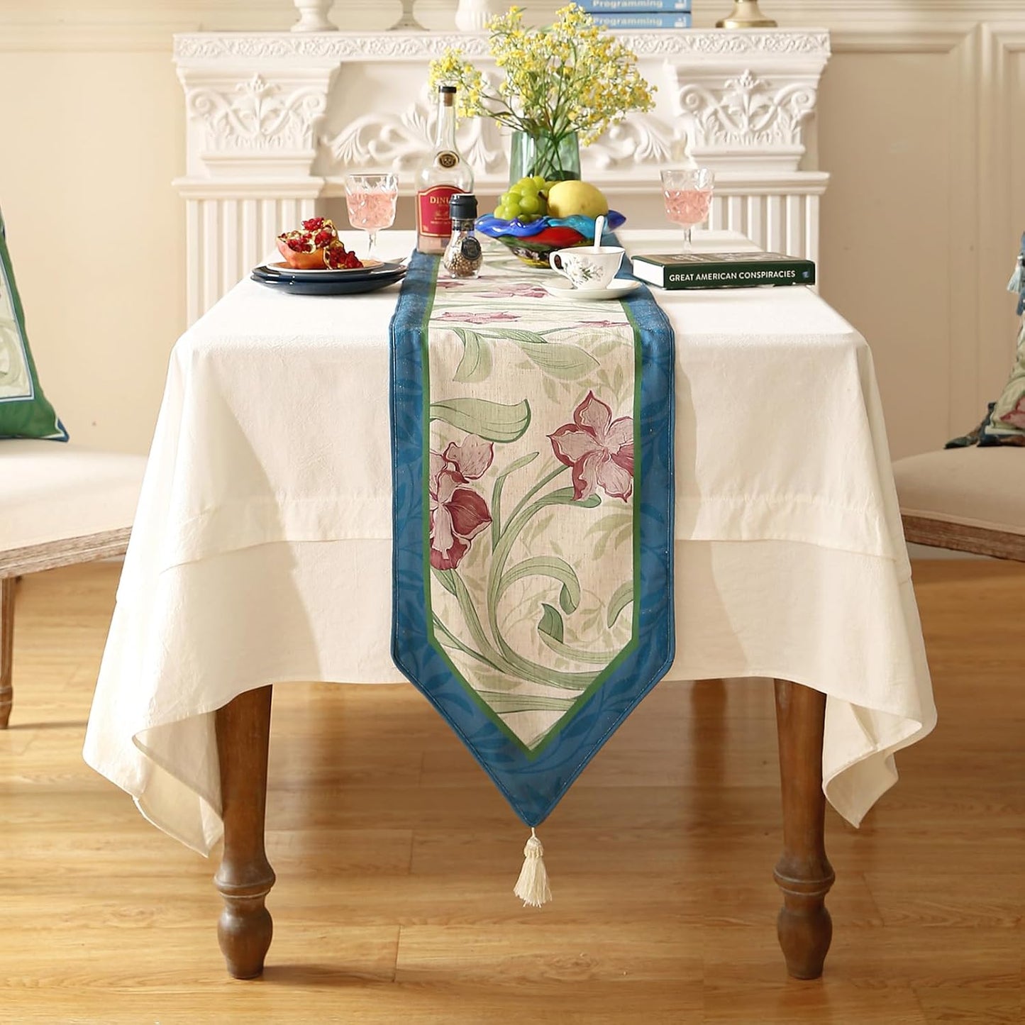 patdrea Designer Elegant Bright Linen Extra Long Table Runner 118 Inch Long, Mauve Iris Floral Pattern Table Mat, Decoration for Kitchen Dining Coffee Table Cabinet Banquet Christmas ,12"*118"