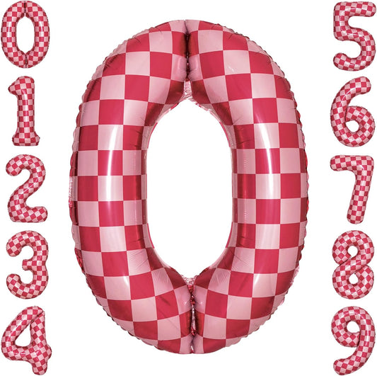 40 Inch Pink Checkered 0 Balloon Large Hot Pink Number Balloons for Girls Pink Birthday Decorations Pink Number 0 Balloon