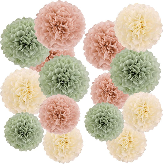 EASY JOY Sage Green Tissue Pom Poms Paper Flowers Decorations Natural Green Boho Hanging Décor for Safari Jungle Party Bridal Shower Baby Shower Home Decor Nursery Birthday Backdrop 15PCS