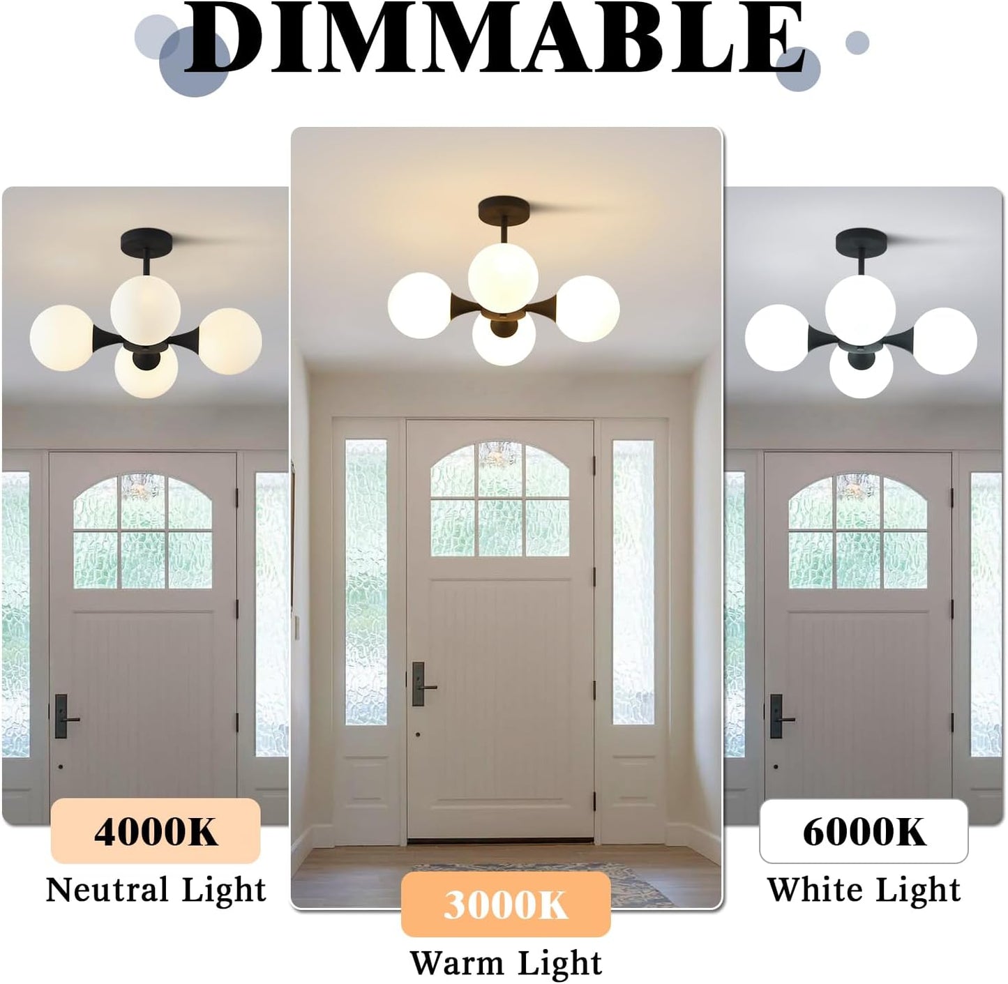 KCO Lighting Mid Century Modern Semi Flush Mount Ceiling Light Fixture Farmhouse Black Globe Sputnik Chandelier Ceiling Light 4-Light Milk Glass Hallway Ceiling Light