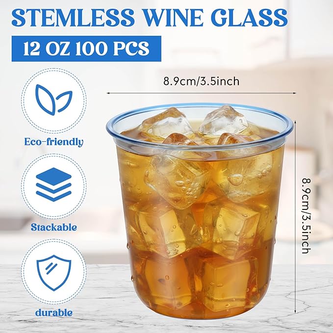 100 Pcs Disposable Stemless Glasses 12oz Crystal Plastic Wine Glasses Clear Classic Pet Cup for Meeting Weddings Birthdays Cocktail Christmas Party Supplies (Light Blue)
