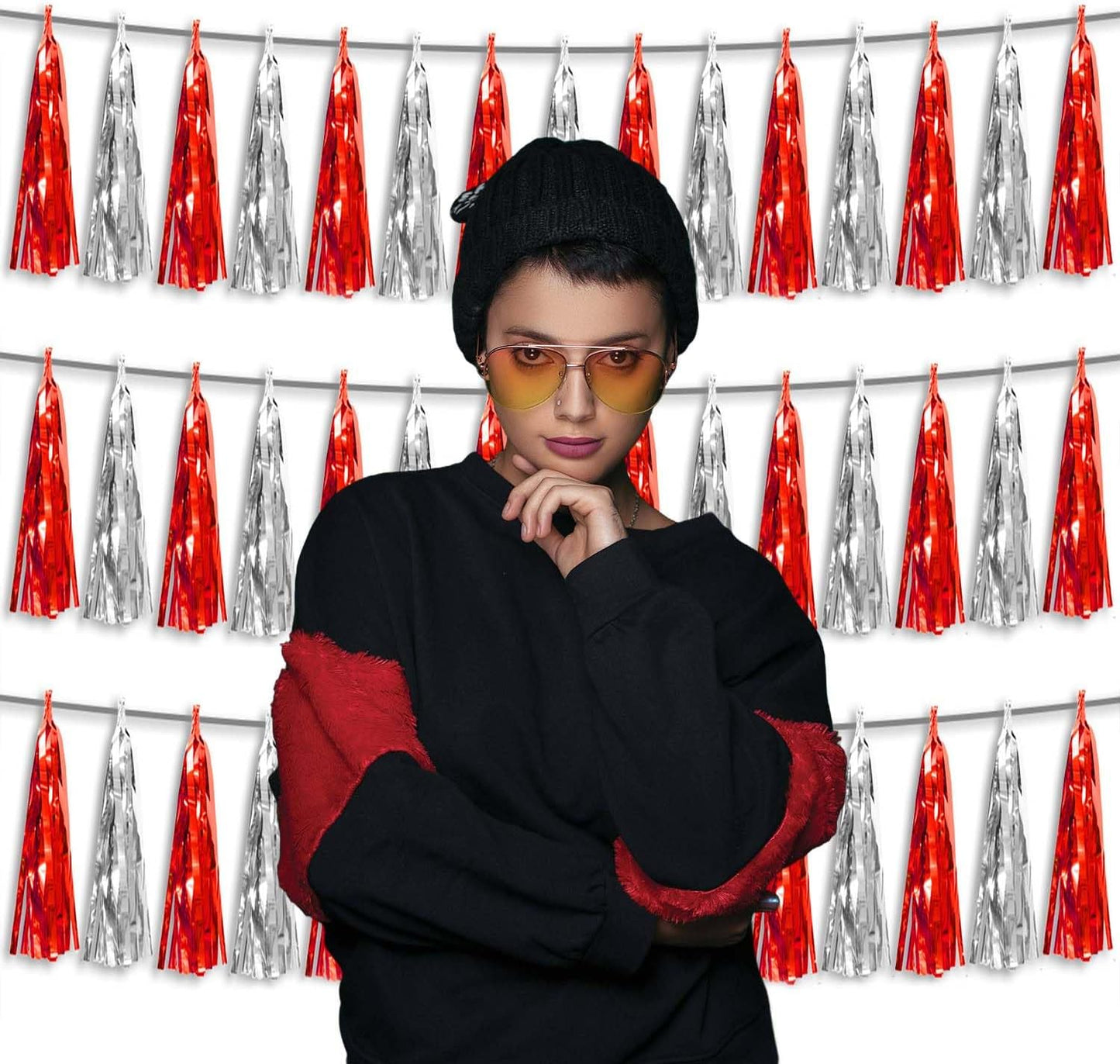 3P Metallic Fringe Tassel Banner Garland Foil Tinsel Streamer Wall Hanging Curtain Backdrop Banner for Parade Floats,Halloween Decorations, Christmas Day, Wedding Party Decoration(Red Silver)