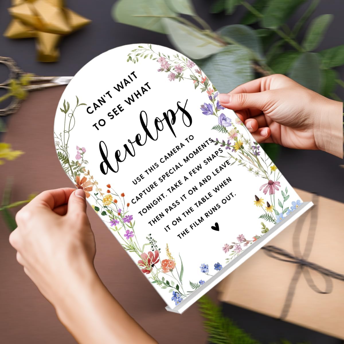 Acrylic Wedding Signs, Bridal Shower Decorations, Modern Arched Round Top Acrylic Table Top Sign with Holder for Wedding Reception Party Dinner - Can't Wait to See What Develops (White Wildflowers)