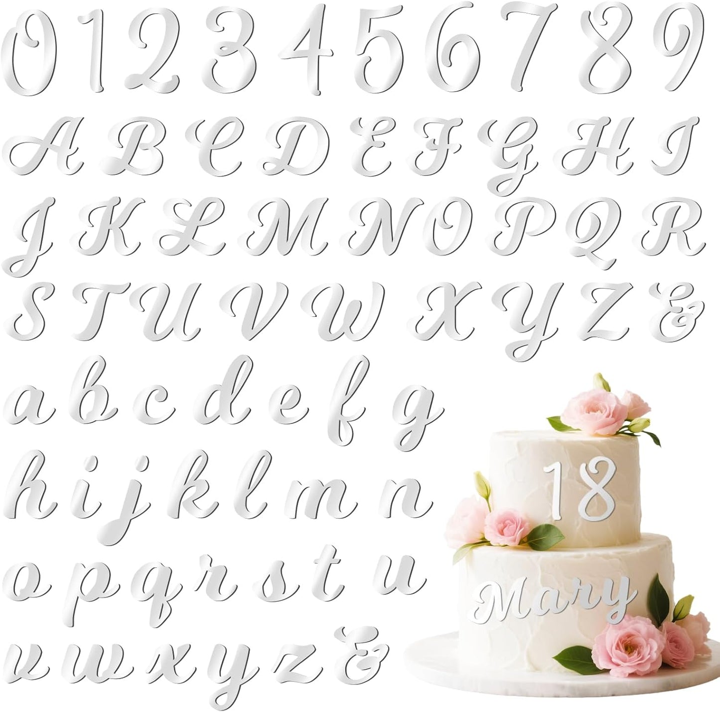 126 PCS Custom Name Cake Topper Acrylic Letters DIY Personalized A-Z & 0-9 Number Alphabet Cake Decoration For Wedding Anniversary Baby Shower Party Birthday Supplies (Silver)