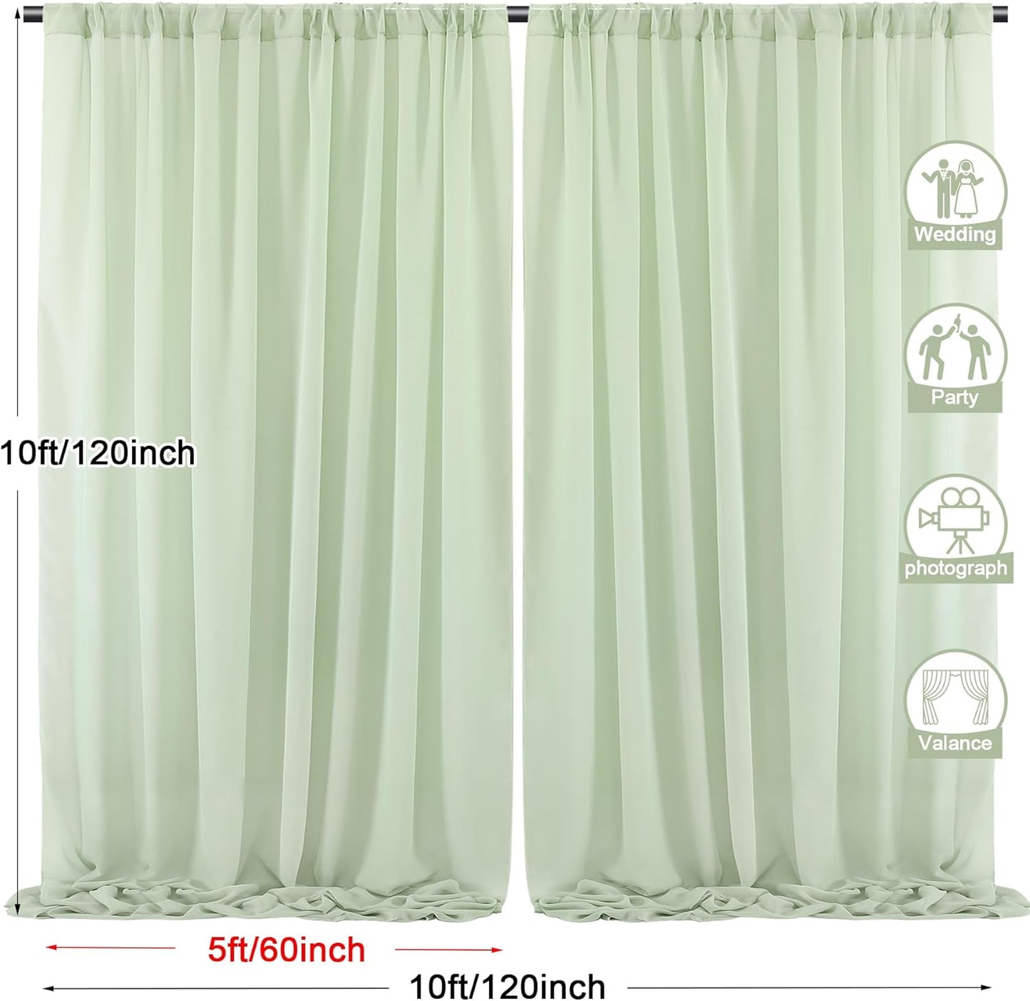 PARTISKY 10x10ft Sage Green Chiffon Sheer Backdrop Curtains, Wrinkle-Free Wedding Backdrop Drapes for Birthday Party Ceremony Arch Stage Decor Background for Photography 5x10ft,2 Panels