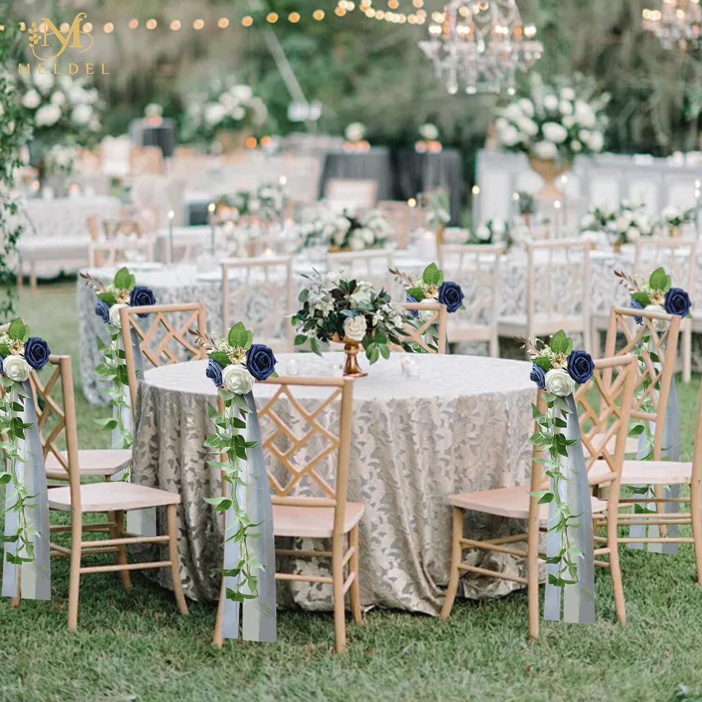 Meldel 10Pcs Elegnat Wedding Chair Back Decorations Aisle Artificial Blue White Rose Flowers Garland with Ribbion for Ceremony Reception and Reception Seating Arrangements Party Outdoor Decor