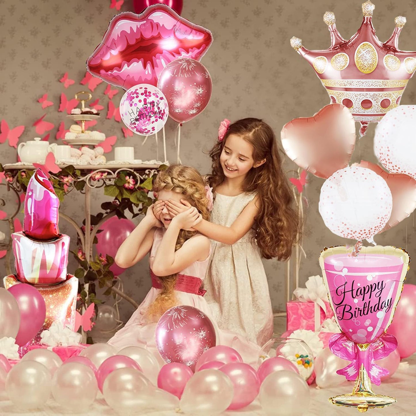 Huge 30inch Red Lip Foil Balloons Set 6 Pieces, Red Hearts and Lips For Make Up Themed Party Bachelorette & Anniversary Decorations