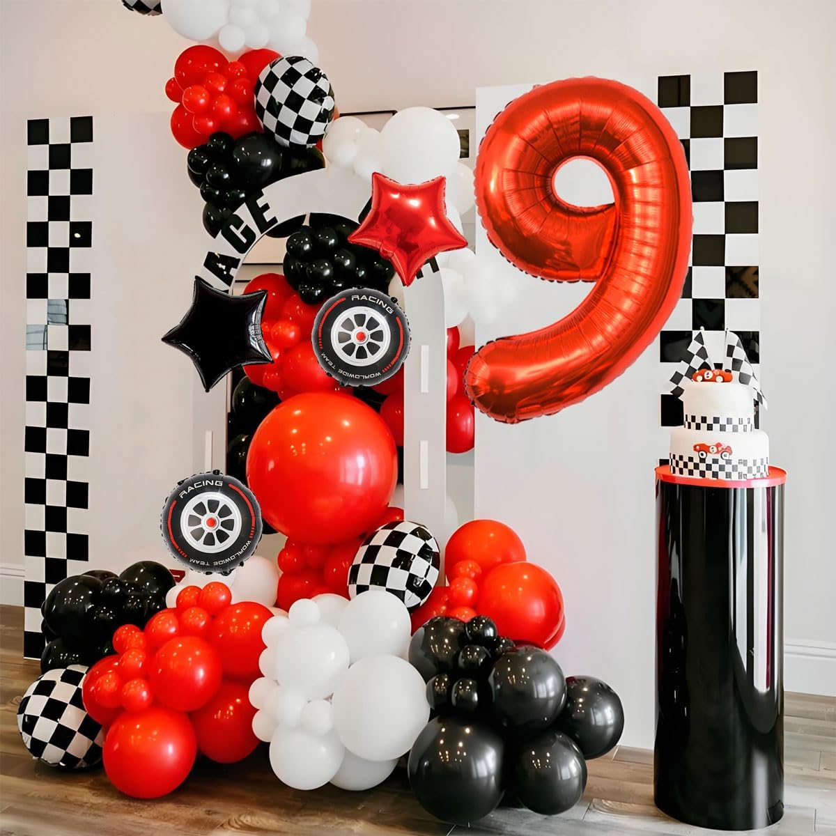 Race Car Birthday Party Decorations - 40 Inch Mylar Red Number 9 Balloons - Black Foil Checkered Race Car Balloons for 9st Birthday Race Cars Themed Party Decorations