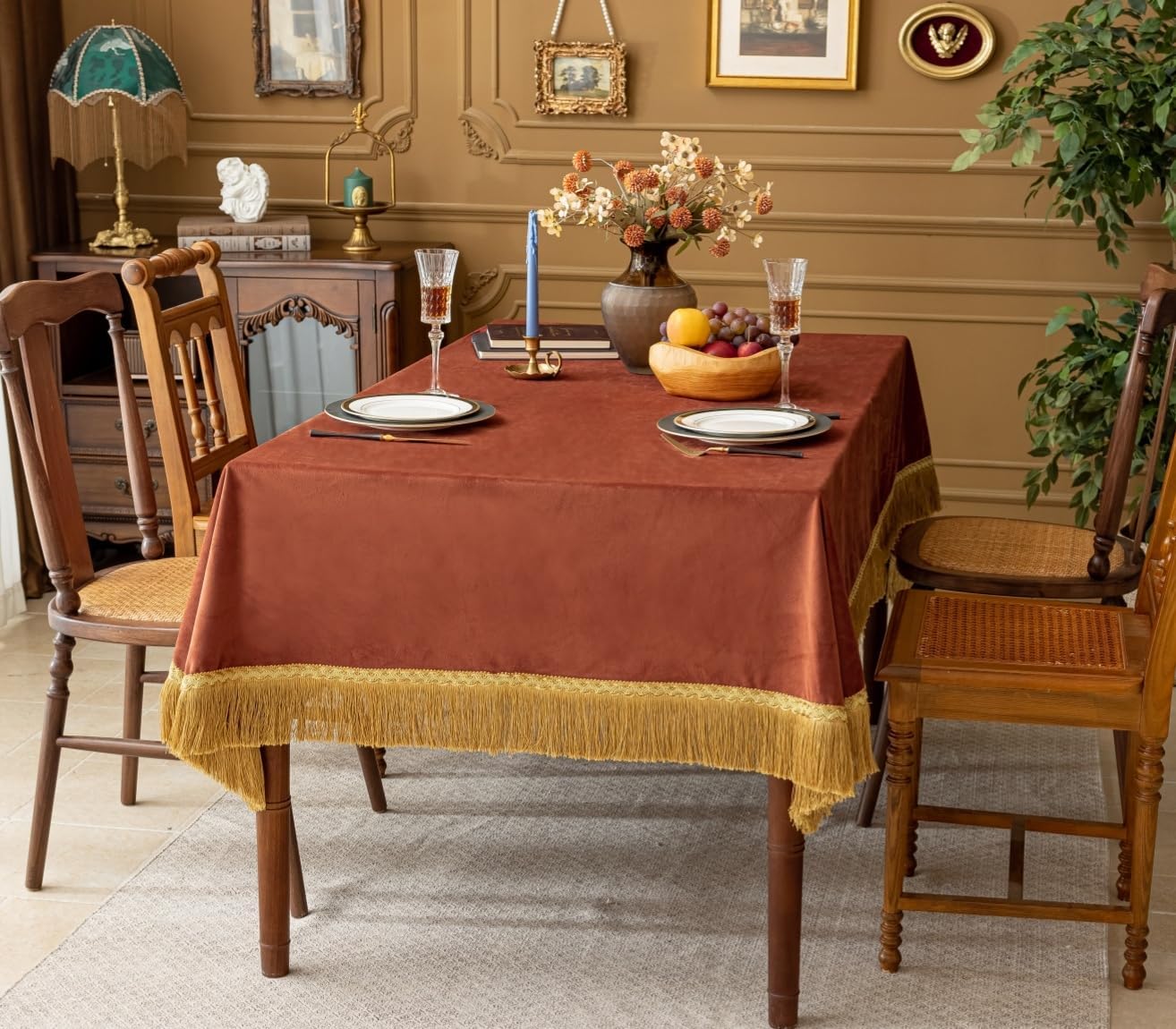 F-CHU Luxury Burnt Orange Tablecloth Thickset Velvet Tablecloth with Beautiful Gold Tassels Table Cloth for Home Decor Wedding, Party, Banquet and Events 60x120-Inch