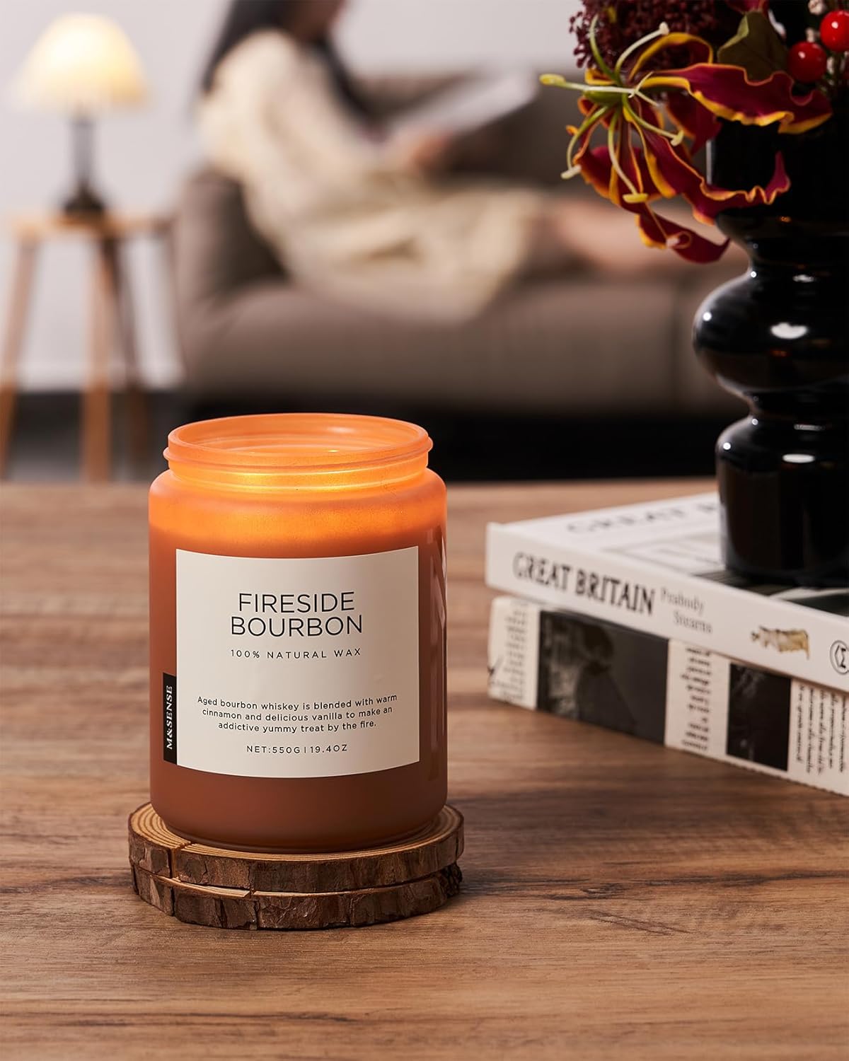 M&SENSE Fireside Bourbon Candles Strong Scented, 2 Wick Jar Candle 19.4oz 110 Hour Long Lasting, Organic Natural Soy Wax Candle for Bedroom Kitchen Home Decor, Warm Housewarming Gifts for Men Women